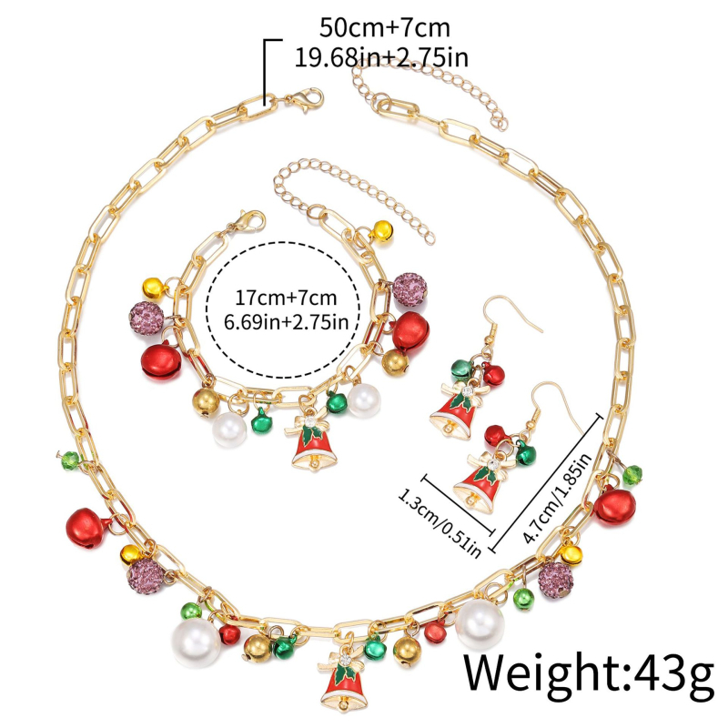 Karácsonyi ékszerszett: fülbevalók, nyaklánc és karkötő harangokkal (Anyag: ötvözet; Lánc: bambusz lánc; Medál anyaga: ötvözet; Mintázat: harangok; Stílus: minimalist)