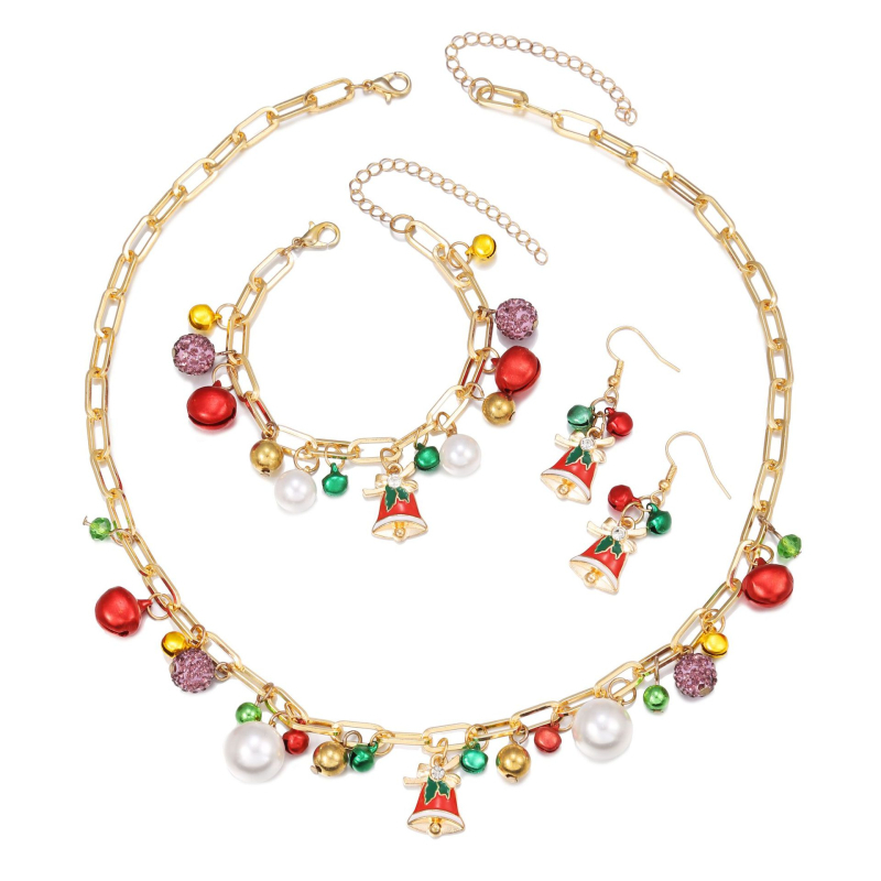 Karácsonyi ékszerszett: fülbevalók, nyaklánc és karkötő harangokkal (Anyag: ötvözet; Lánc: bambusz lánc; Medál anyaga: ötvözet; Mintázat: harangok; Stílus: minimalist)