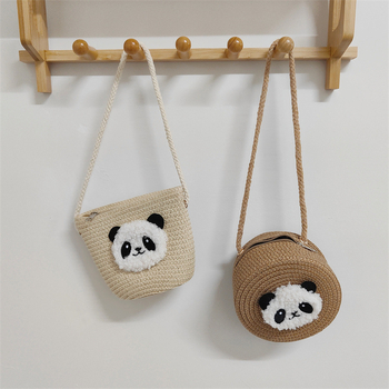  Geantă rotundă pentru copii din pai, țesută manual, cu imprimeu panda, stil drăguț, fermoar, buzunare pentru monede și chei