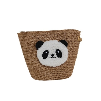  Geantă rotundă pentru copii din pai, țesută manual, cu imprimeu panda, stil drăguț, fermoar, buzunare pentru monede și chei