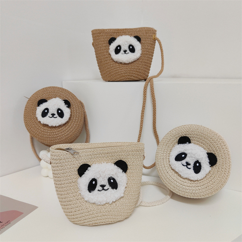  Geantă rotundă pentru copii din pai, țesută manual, cu imprimeu panda, stil drăguț, fermoar, buzunare pentru monede și chei