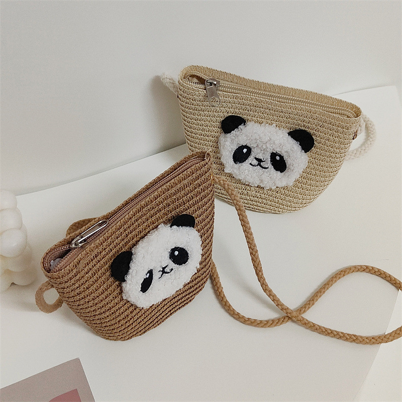  Geantă rotundă pentru copii din pai, țesută manual, cu imprimeu panda, stil drăguț, fermoar, buzunare pentru monede și chei