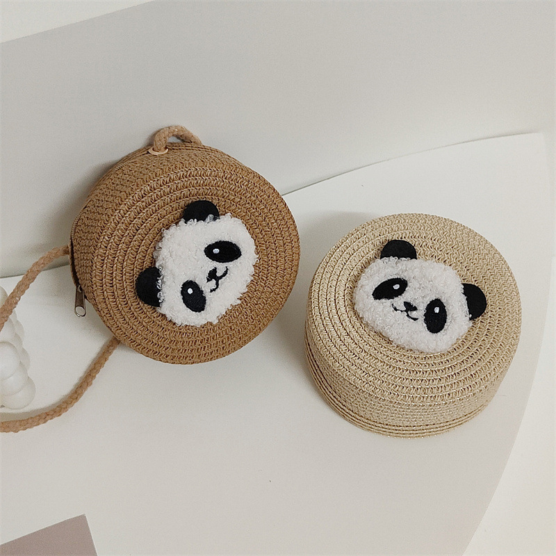  Geantă rotundă pentru copii din pai, țesută manual, cu imprimeu panda, stil drăguț, fermoar, buzunare pentru monede și chei