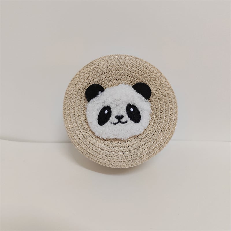  Geantă rotundă pentru copii din pai, țesută manual, cu imprimeu panda, stil drăguț, fermoar, buzunare pentru monede și chei