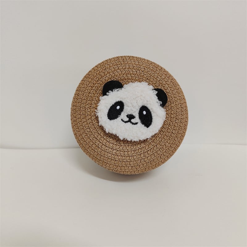  Geantă rotundă pentru copii din pai, țesută manual, cu imprimeu panda, stil drăguț, fermoar, buzunare pentru monede și chei