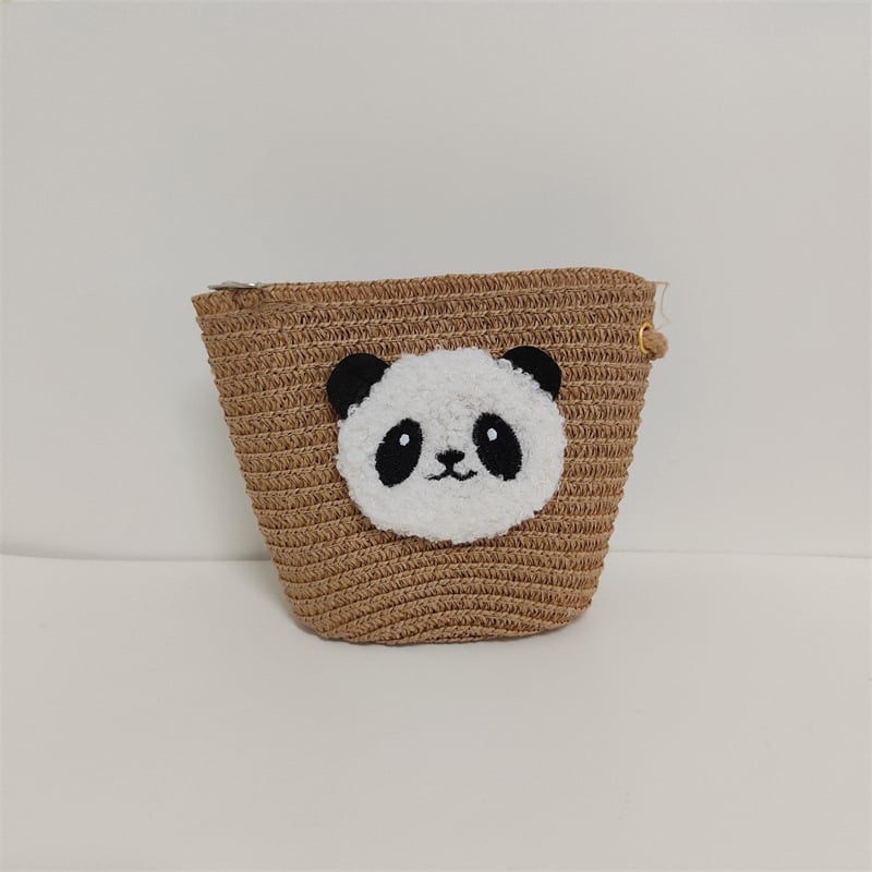  Geantă rotundă pentru copii din pai, țesută manual, cu imprimeu panda, stil drăguț, fermoar, buzunare pentru monede și chei