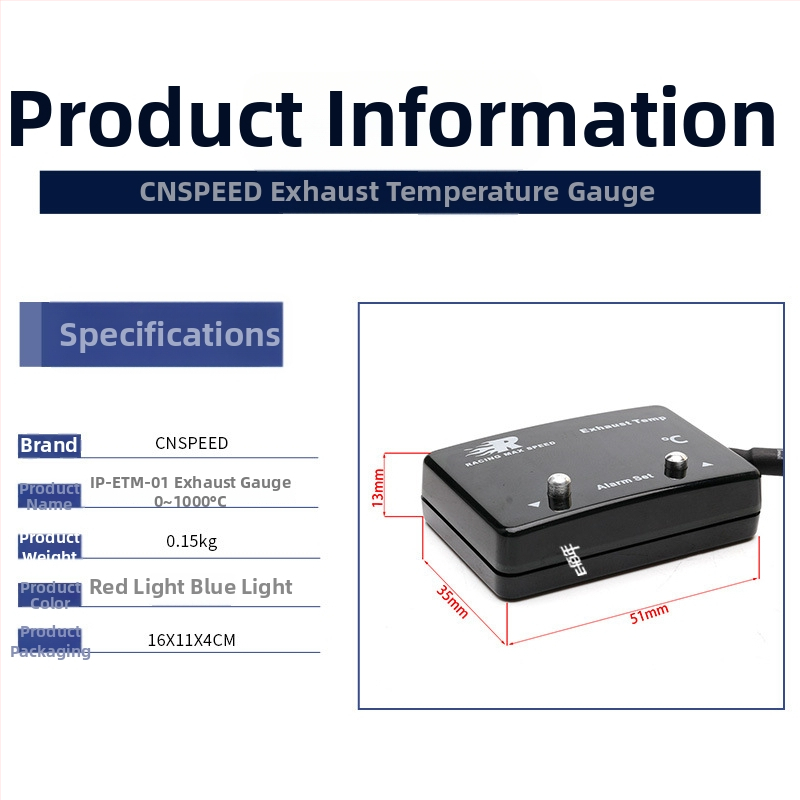 Izplūdes gāzu temperatūras mērinstruments ar digitālo displeju - 0-1000°C, precizitāte 95%, 12V auto sensoram, CNSPEED P-ETM-01