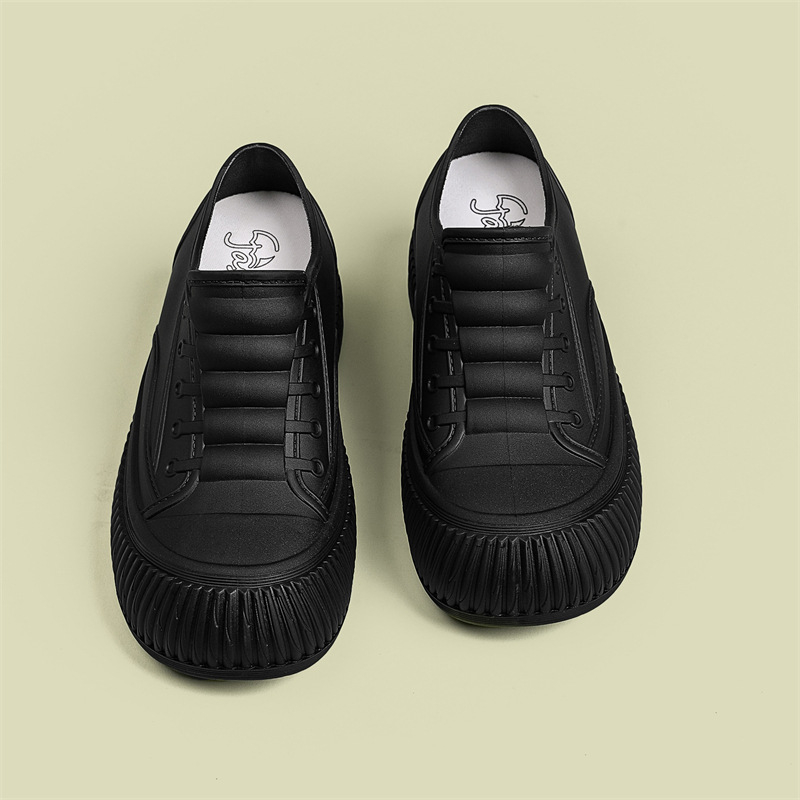 Moteriški lietaus botai iš PVC, žemas vamzdelis, stora padas, plokščias kulnas, visoms sezonoms