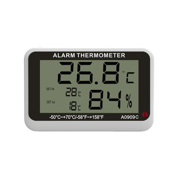 Măsurător electronic de temperatură și umiditate cu alarmă și magnet pentru frigider/congelator, interval -50 la 70 °C, precizie ±1 °C, dimensiuni 62×60×17 mm, baterie LR44/AG13