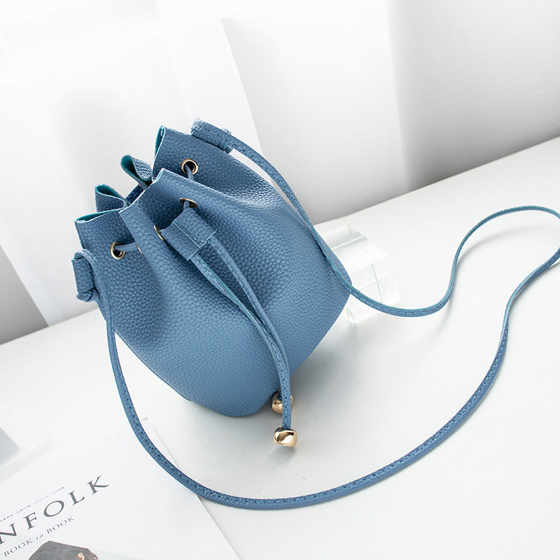 Poșetă tip bucket, stil coreean, piele PU, închidere cu șnur, Keluden