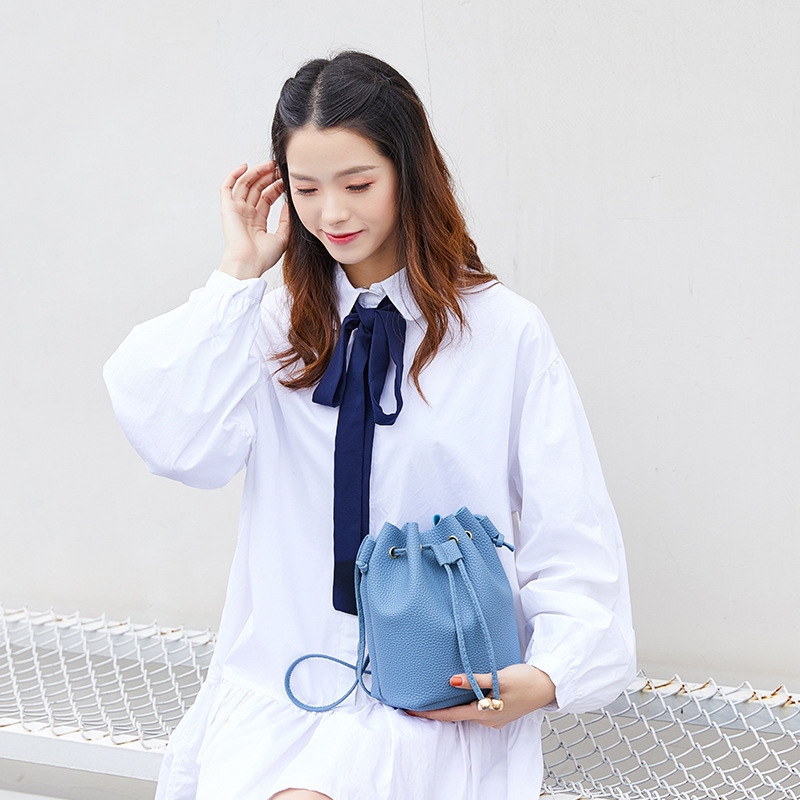 Poșetă tip bucket, stil coreean, piele PU, închidere cu șnur, Keluden