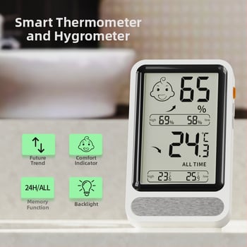 Unutarnji mjerač temperature i vlage za dječju sobu sa pozadinskim osvjetljenjem, memorija visoke/niske temperature, rezolucija 0.1°C, pogreška temperature ±1°C, pogreška vlage ±5%, napajanje CR2032, WINYS