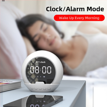 Vezeték nélküli Bluetooth hangfal ébresztővel, hőmérővel, digitális kijelzővel és telefon-tartóval; Bluetooth 5.3, 5W teljesítmény, 20 Hz–20 kHz frekvencia, SNR ≥85 dB, beépített 1000–1200 mAh akkumulátor