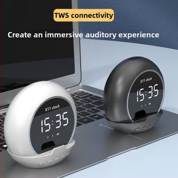 Vezeték nélküli Bluetooth hangfal ébresztővel, hőmérővel, digitális kijelzővel és telefon-tartóval; Bluetooth 5.3, 5W teljesítmény, 20 Hz–20 kHz frekvencia, SNR ≥85 dB, beépített 1000–1200 mAh akkumulátor