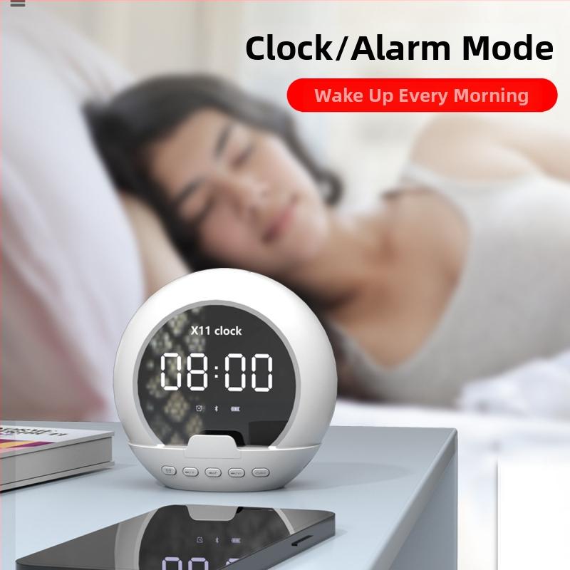Vezeték nélküli Bluetooth hangfal ébresztővel, hőmérővel, digitális kijelzővel és telefon-tartóval; Bluetooth 5.3, 5W teljesítmény, 20 Hz–20 kHz frekvencia, SNR ≥85 dB, beépített 1000–1200 mAh akkumulátor
