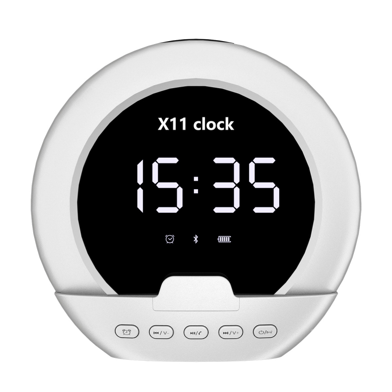 Vezeték nélküli Bluetooth hangfal ébresztővel, hőmérővel, digitális kijelzővel és telefon-tartóval; Bluetooth 5.3, 5W teljesítmény, 20 Hz–20 kHz frekvencia, SNR ≥85 dB, beépített 1000–1200 mAh akkumulátor