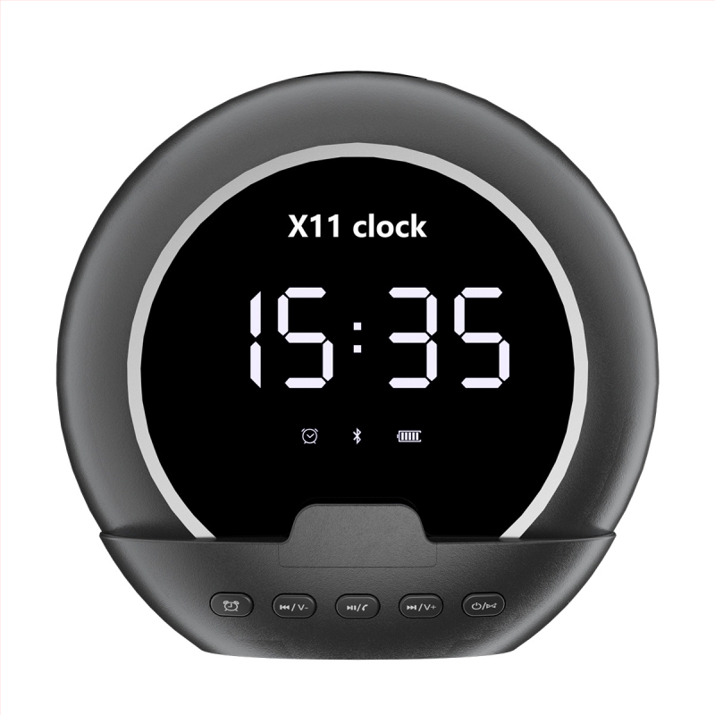 Vezeték nélküli Bluetooth hangfal ébresztővel, hőmérővel, digitális kijelzővel és telefon-tartóval; Bluetooth 5.3, 5W teljesítmény, 20 Hz–20 kHz frekvencia, SNR ≥85 dB, beépített 1000–1200 mAh akkumulátor