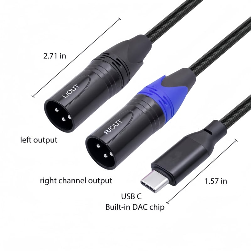 Cablu audio Type-C către XLR dublu, masculin, în formă de Y, pentru canale stângi și drepte - cu cupru OFC, conectori placati cu aur, cip HIFI 384kHz/32bit
