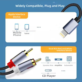 Apple na dvojitý RCA audiokábel, zlaté konektory, meďový jadrový vodič, holé meď, hmotnosť 30 g