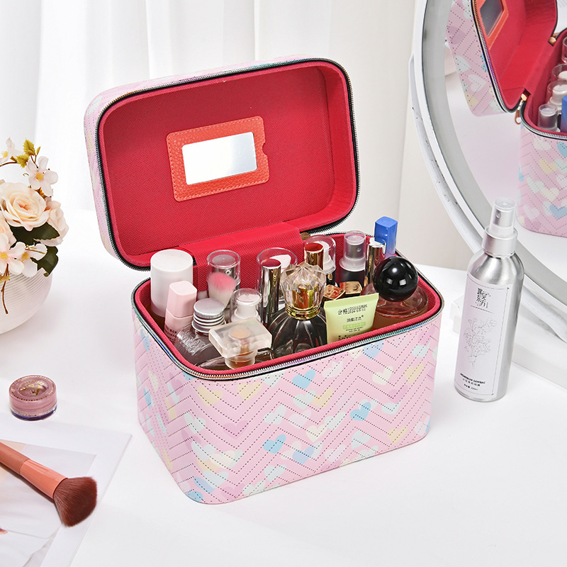 Make-up torbica od PU kože, s prugastim uzorkom, s ogledalom, vodootporna, velikog kapaciteta