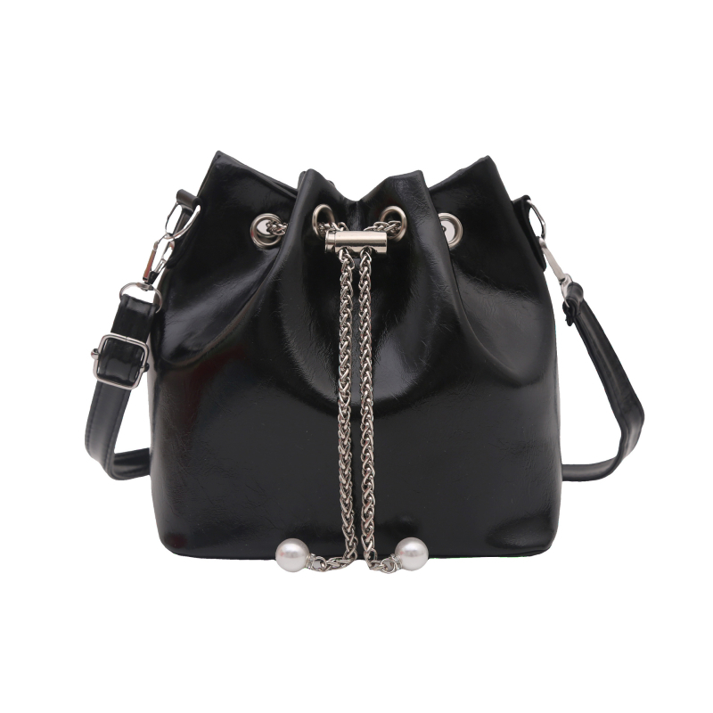 PU anyagú bucket táska, utcai stílus, húzózsinór zárás, poliészter bélés, horizontális négyzet alak