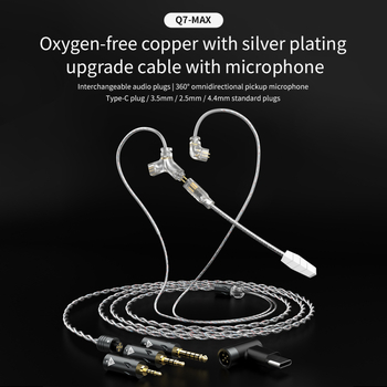 QKZ Q7MAX kabel za slušalice za igrice — 2.5/3.5/4.4 mm i Type-C, zamjenjivi 2-pin kabel, srebrno obloženi bakreni vodnik, OFC