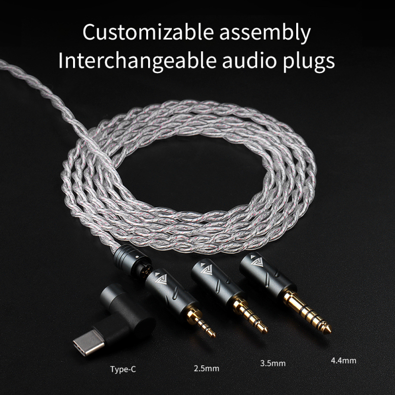 QKZ Q7MAX kabel za slušalice za igrice — 2.5/3.5/4.4 mm i Type-C, zamjenjivi 2-pin kabel, srebrno obloženi bakreni vodnik, OFC