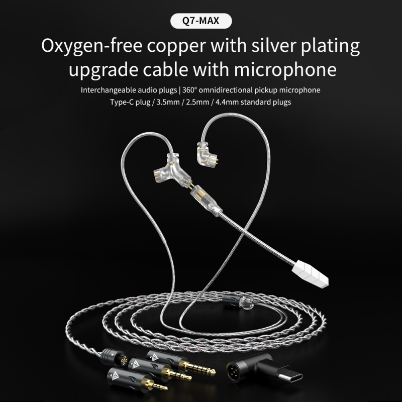QKZ Q7MAX kabel za slušalice za igrice — 2.5/3.5/4.4 mm i Type-C, zamjenjivi 2-pin kabel, srebrno obloženi bakreni vodnik, OFC