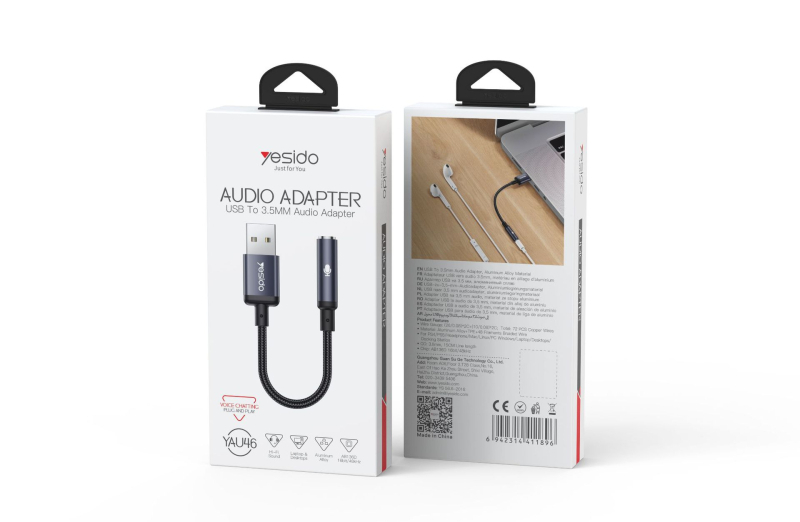 Yesido YAU46 audiókábel, réz vezetők, alumínium‑ötvözet + TPE mag, CE tanúsítvány