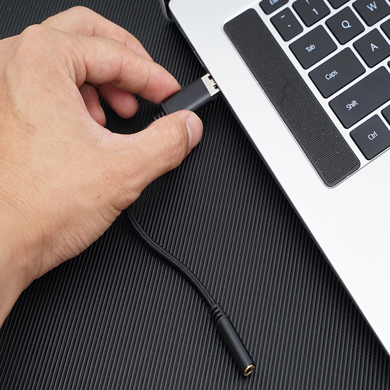 USB na 3,5 mm audio kábel pre PC, pletený adaptér kábel, niklované konektory, čisté meďové jadro