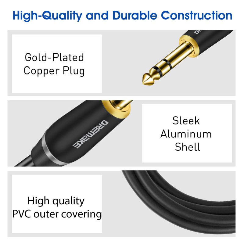 DREMAKE 6,35 мм TRS аудио кабел; тройно ядро; двойно екраниран; златно покритие на контактите; OFC проводник