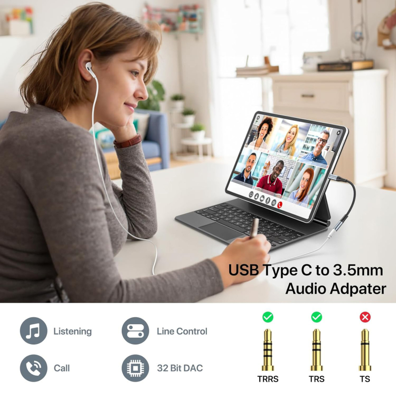 Type-C 3,5 mm női audió hosszabbító kábel, nikkelezett csatlakozók, tiszta rézmag, oxigénmentes réz vezető, RoHS tanúsított, Modell Ntpc