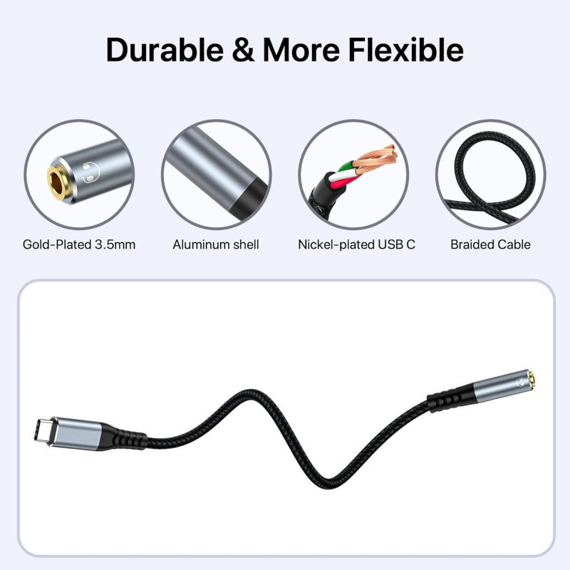 Type-C 3,5 mm női audió hosszabbító kábel, nikkelezett csatlakozók, tiszta rézmag, oxigénmentes réz vezető, RoHS tanúsított, Modell Ntpc