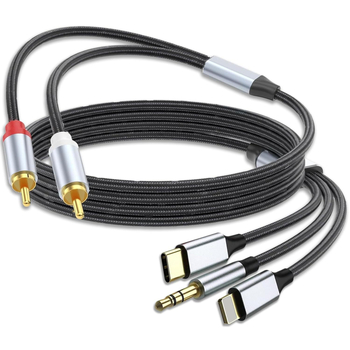 Cablu audio 3-în-1 către 2 RCA cu intrări Type-C, Apple Lightning și 3,5 mm, 2× RCA ieșiri, conductoare din cupru fără oxigen, cupru placat cu staniu, ROHS