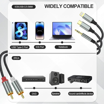 Cablu audio 3-în-1 către 2 RCA cu intrări Type-C, Apple Lightning și 3,5 mm, 2× RCA ieșiri, conductoare din cupru fără oxigen, cupru placat cu staniu, ROHS
