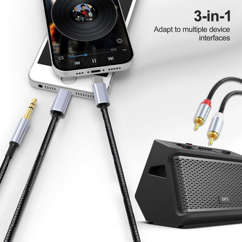 Cablu audio 3-în-1 către 2 RCA cu intrări Type-C, Apple Lightning și 3,5 mm, 2× RCA ieșiri, conductoare din cupru fără oxigen, cupru placat cu staniu, ROHS
