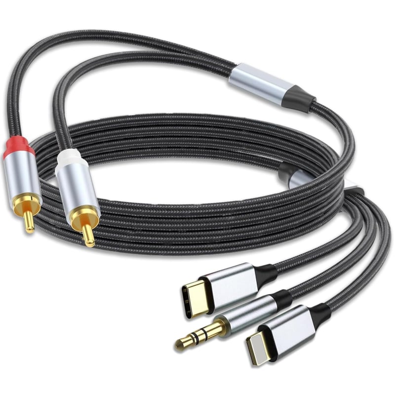 Cablu audio 3-în-1 către 2 RCA cu intrări Type-C, Apple Lightning și 3,5 mm, 2× RCA ieșiri, conductoare din cupru fără oxigen, cupru placat cu staniu, ROHS