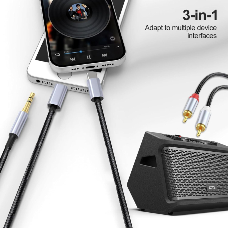 Cablu audio 3-în-1 către 2 RCA cu intrări Type-C, Apple Lightning și 3,5 mm, 2× RCA ieșiri, conductoare din cupru fără oxigen, cupru placat cu staniu, ROHS