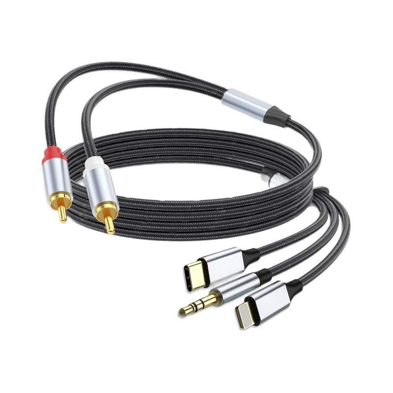 Cablu audio 3-în-1 către 2 RCA cu intrări Type-C, Apple Lightning și 3,5 mm, 2× RCA ieșiri, conductoare din cupru fără oxigen, cupru placat cu staniu, ROHS