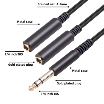 Аудио адаптер кабел: мъжки TRS 6,35 мм към две женски TRS 6,35 мм, медна сърцевина, златно покритие, REXLIS 3718