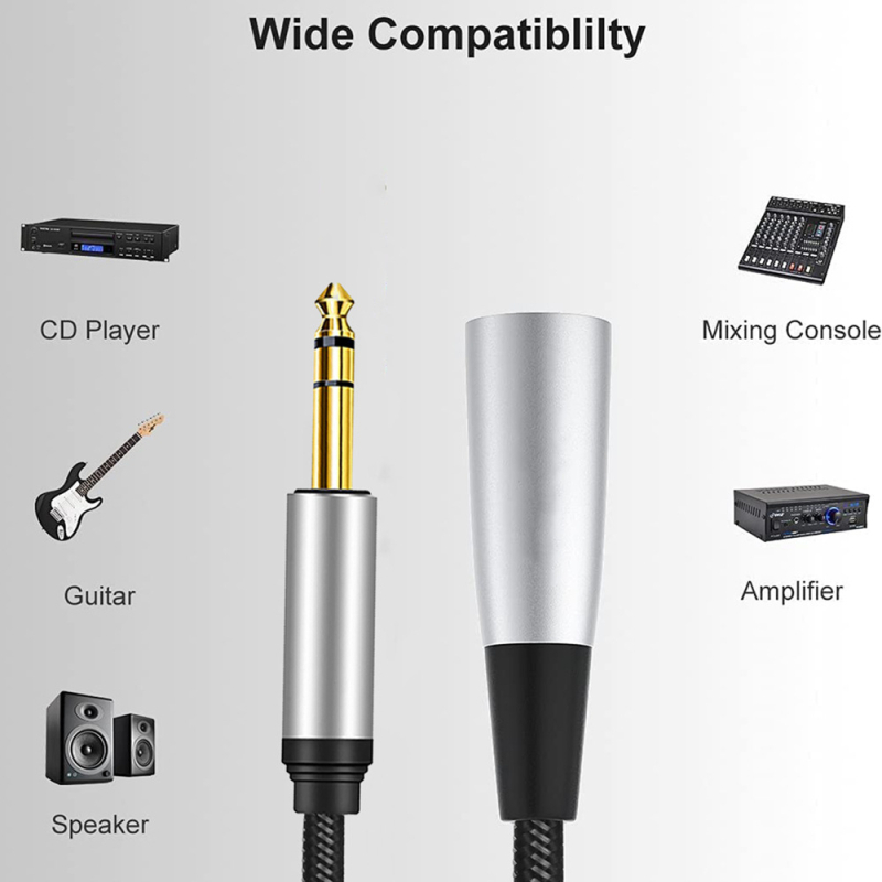 Cablu audio pentru microfon cu trei conductori, 6,35 mm la XLR masculin – miez din cupru, placare nichel, cupru fără oxigen, pentru microfoane și mixere