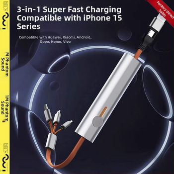 Metāla trīs vienā datu kabelis ar ātru uzlādi Apple, Huawei un Android