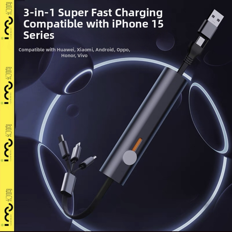 Metāla trīs vienā datu kabelis ar ātru uzlādi Apple, Huawei un Android
