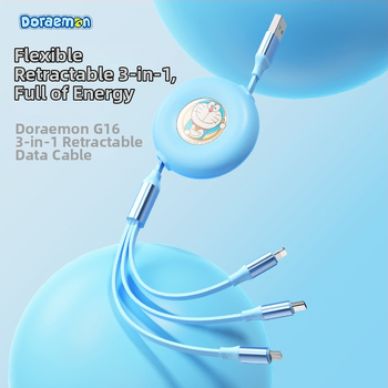 Doraemon 3v1 vysúvací nabíjací kábel s konektormi Lightning, Micro USB a USB-C, zo silikónového materiálu.