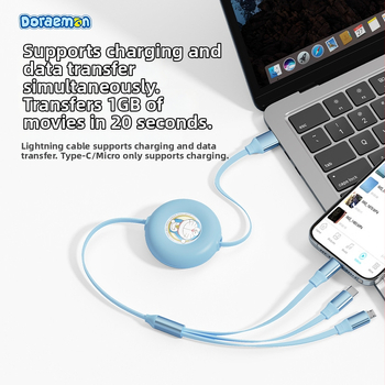 Doraemon 3v1 vysúvací nabíjací kábel s konektormi Lightning, Micro USB a USB-C, zo silikónového materiálu.