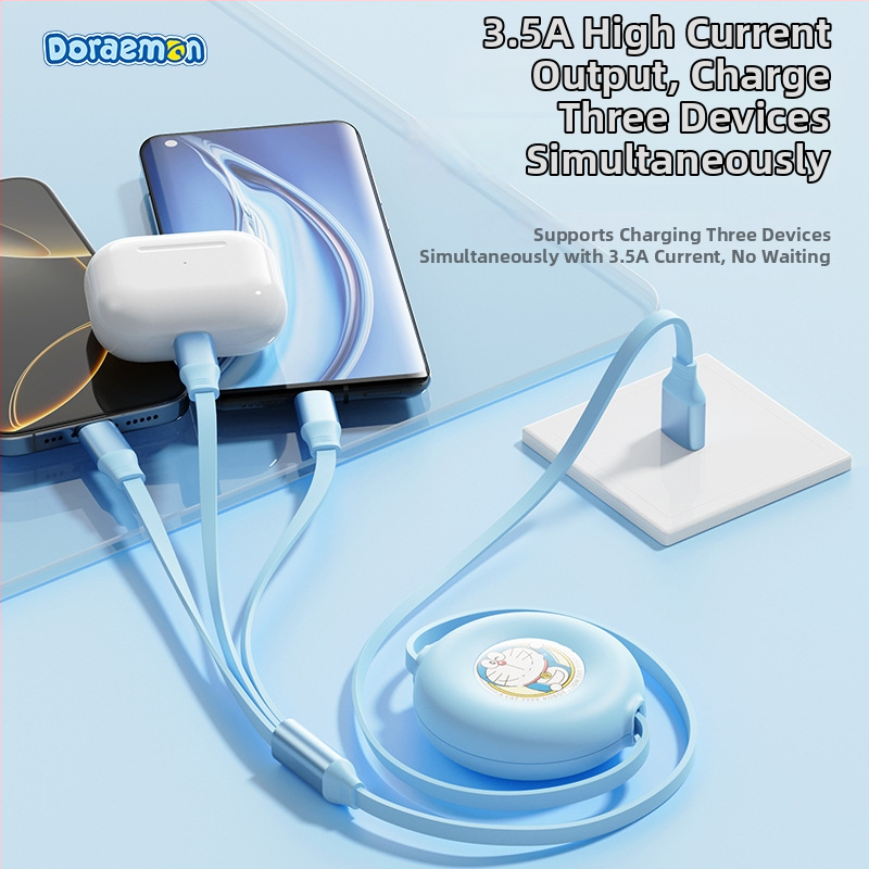 Doraemon 3v1 vysúvací nabíjací kábel s konektormi Lightning, Micro USB a USB-C, zo silikónového materiálu.