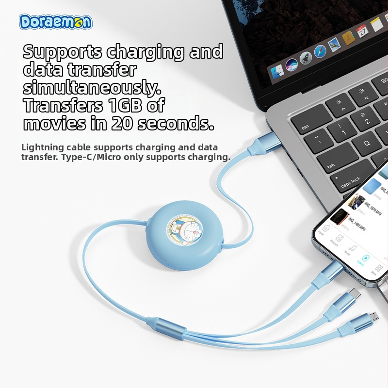 Doraemon 3v1 vysúvací nabíjací kábel s konektormi Lightning, Micro USB a USB-C, zo silikónového materiálu.