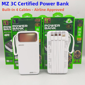 Išorinė baterija 20000 mAh su įmontuotu kabeliu, skaitmeninis ekranas, 12W įkrovimas, keli USB išėjimai