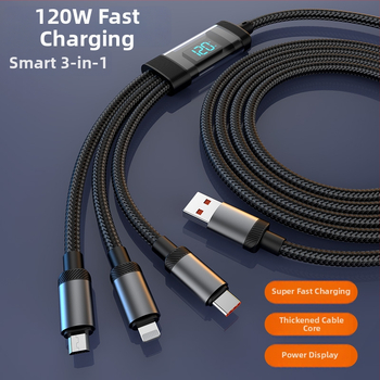 Smart digitálny displej, kábel na nabíjanie 1–3, 3v1 s konektormi Lightning, Micro USB a USB-C; kompatibilný s Huawei, Apple, Vivo, Honor zariadeniami; 120W rýchle nabíjanie.