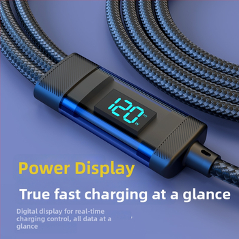 Smart digitálny displej, kábel na nabíjanie 1–3, 3v1 s konektormi Lightning, Micro USB a USB-C; kompatibilný s Huawei, Apple, Vivo, Honor zariadeniami; 120W rýchle nabíjanie.